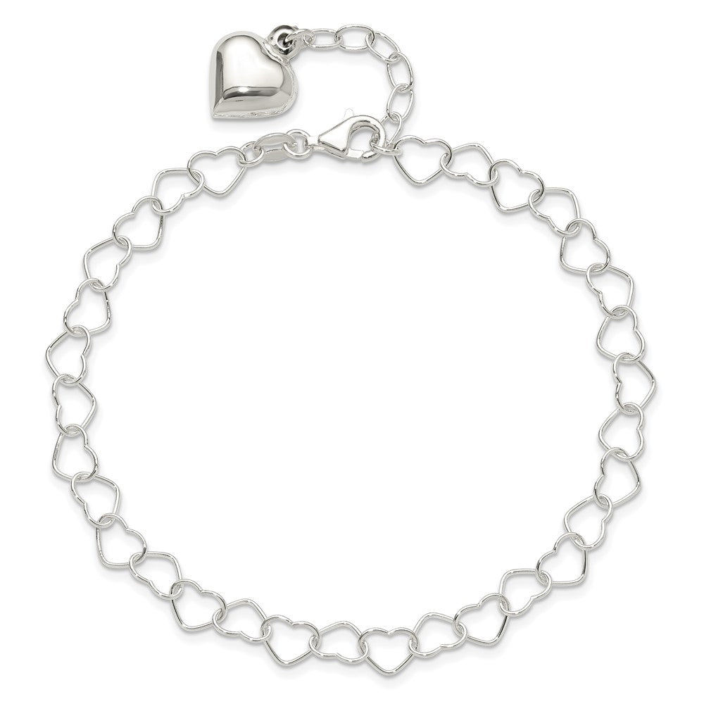 Sterling Silver Polished Puffed Heart 10in Plus 1in ext. Anklet