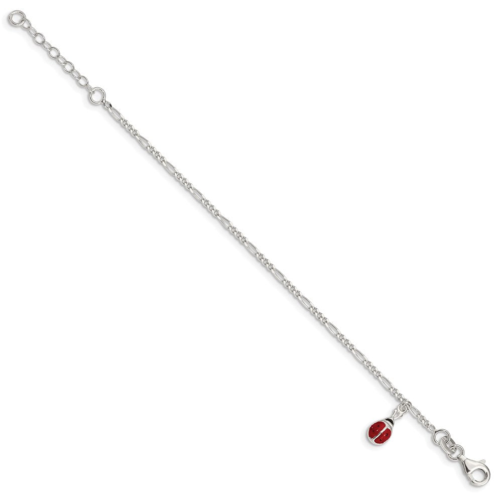 Sterling Silver Polished Enameled Ladybug w/ 1in ext. Bracelet