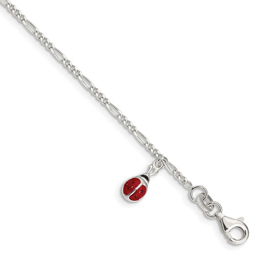 Sterling Silver Polished Enameled Ladybug w/ 1in ext. Bracelet