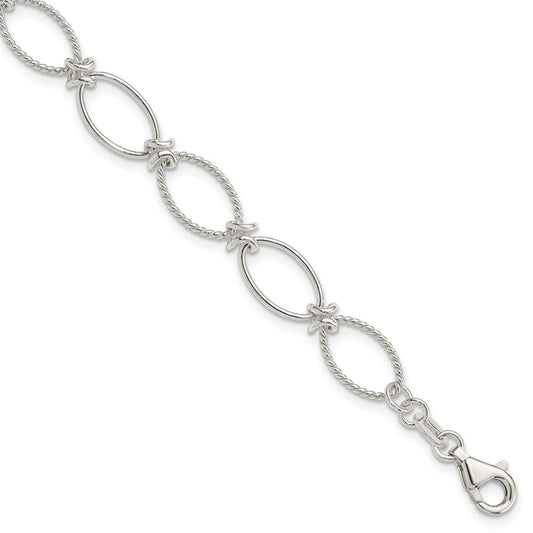 Sterling Silver Polished Textured Fancy Oval Link Bracelet