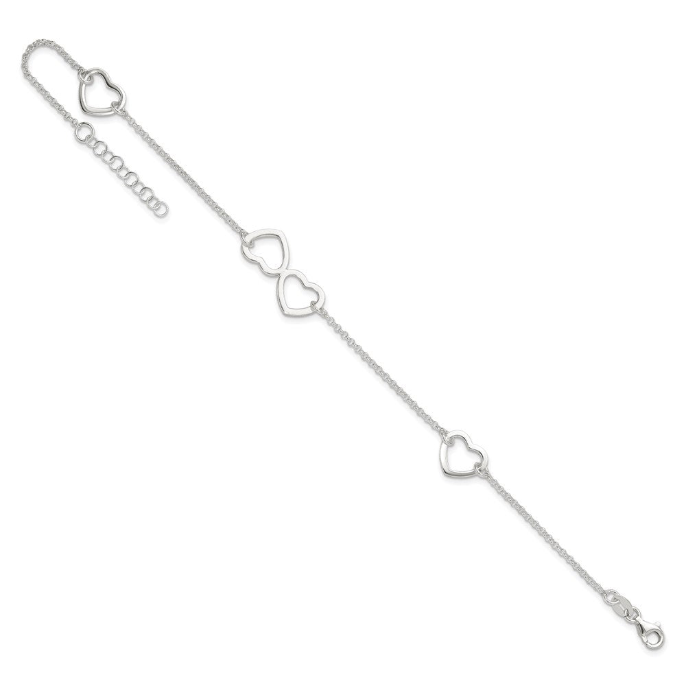 Sterling Silver Polished Heart 9in Plus 1in ext. Anklet