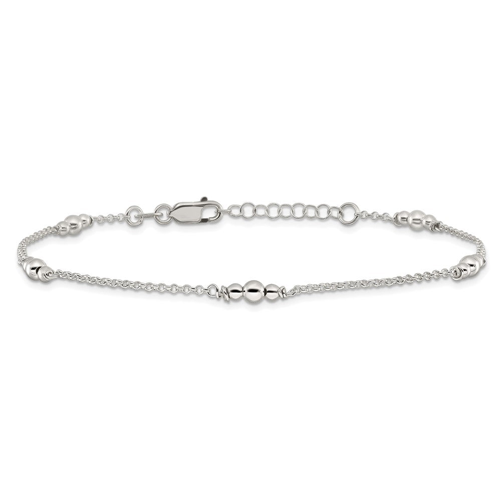 Sterling Silver Polished Bead 10in Plus 1in ext. Anklet
