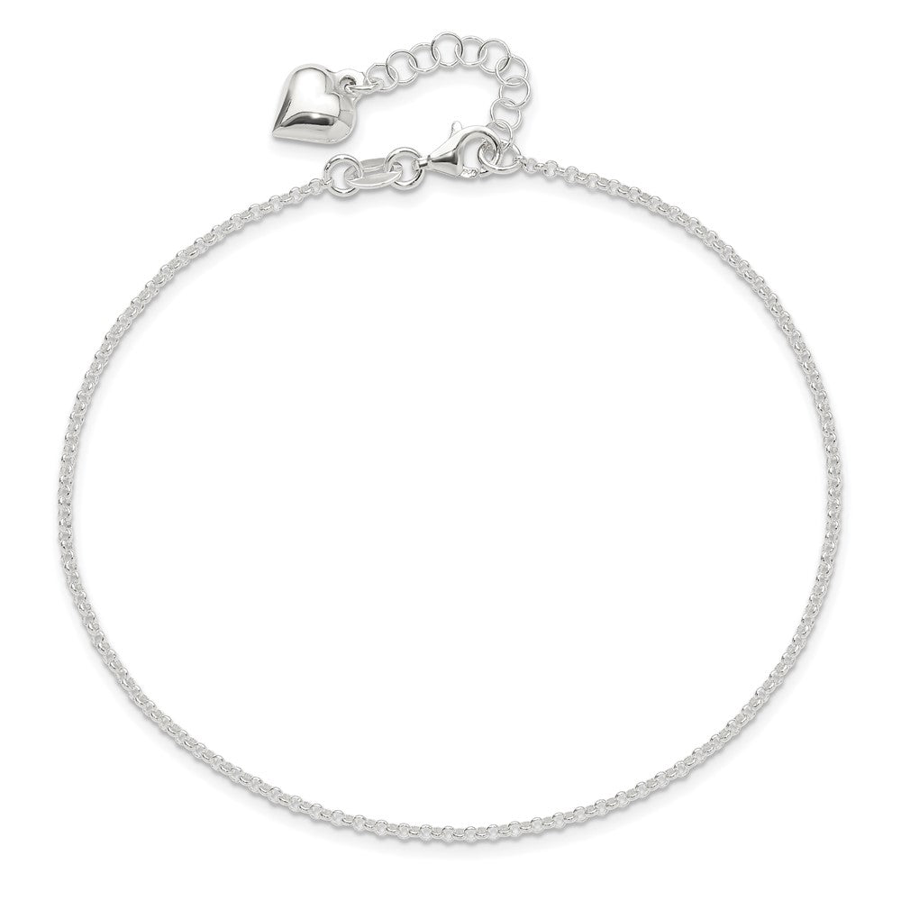 Sterling Silver Polished Heart 9in Plus 1in Ext. Anklet