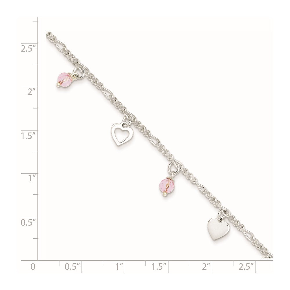 Sterling Silver Pink Glass Beads and Polished Hearts 9 inch Anklet with 1 inch extension