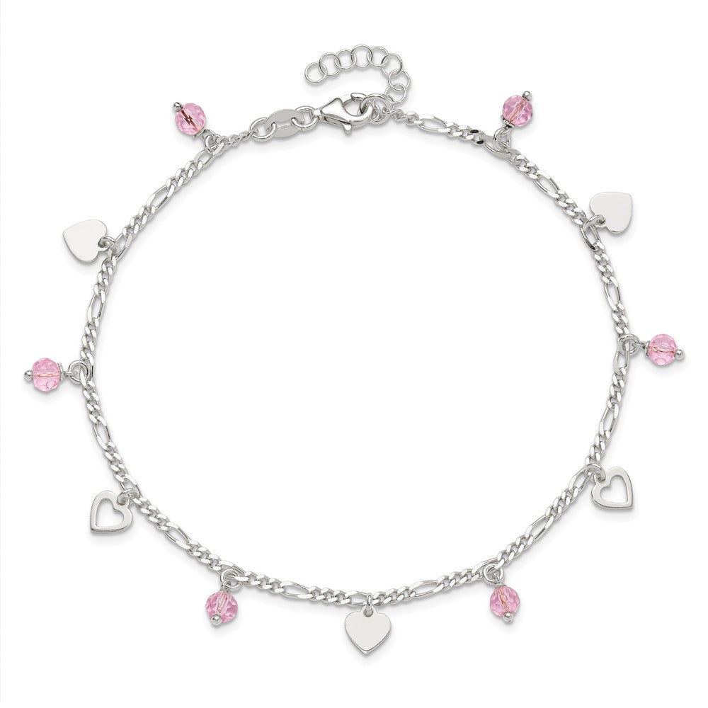 Sterling Silver Pink Glass Beads and Polished Hearts 9 inch Anklet with 1 inch extension