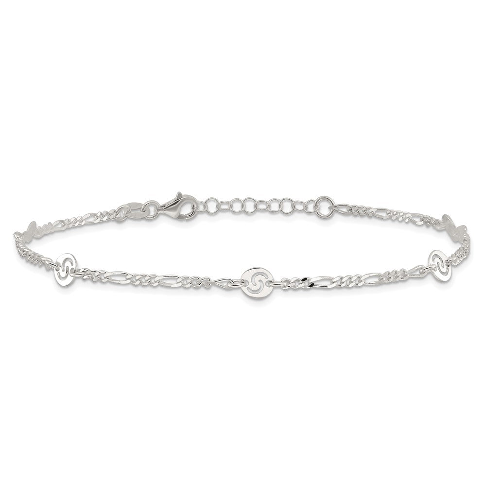Sterling Silver Polished Swirl Disc 9in Plus 1in ext. Anklet