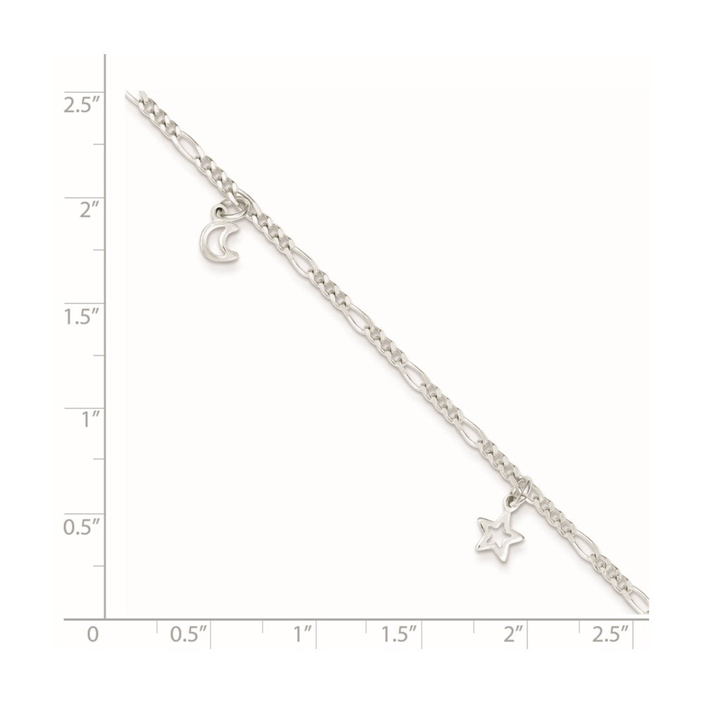 Sterling Silver Polished Star and Moon 9in Plus 1in Ext. Anklet