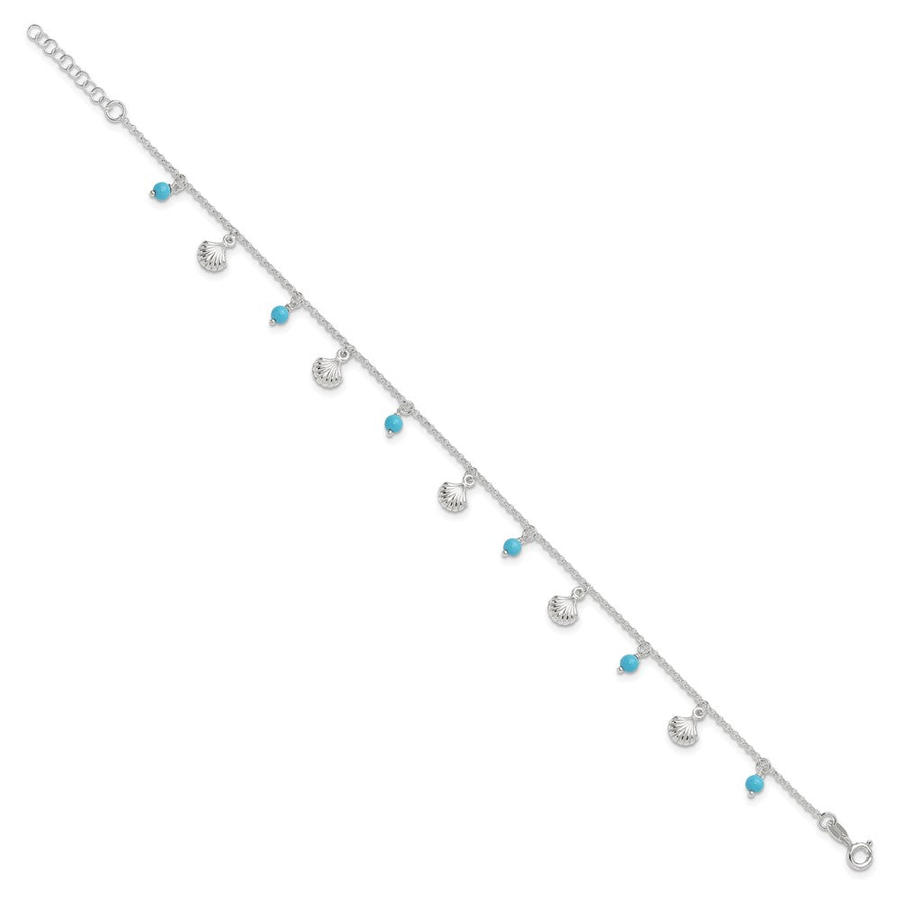 Sterling Silver Polished Shells and Turquoise Beads 9in Plus 1in ext. Ankle