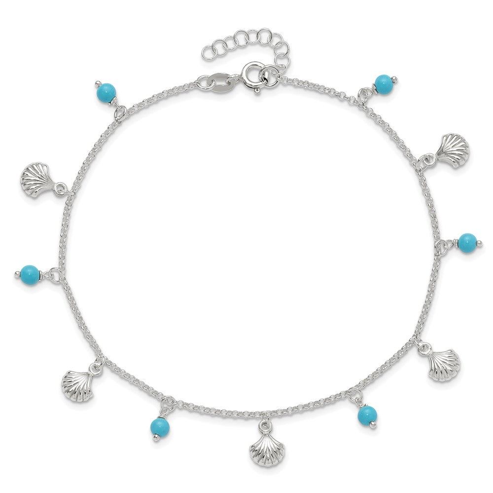 Sterling Silver Polished Shells and Turquoise Beads 9in Plus 1in ext. Ankle