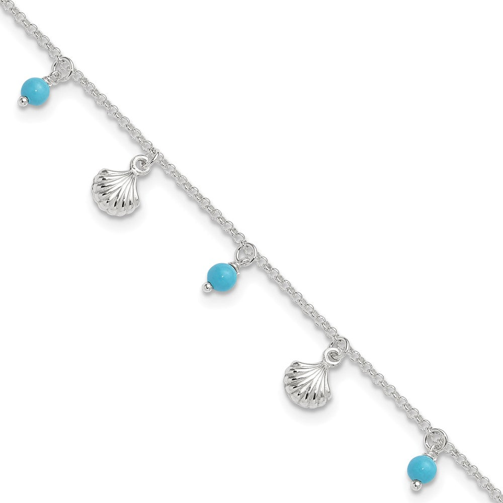 Sterling Silver Polished Shells and Turquoise Beads 9in Plus 1in ext. Ankle
