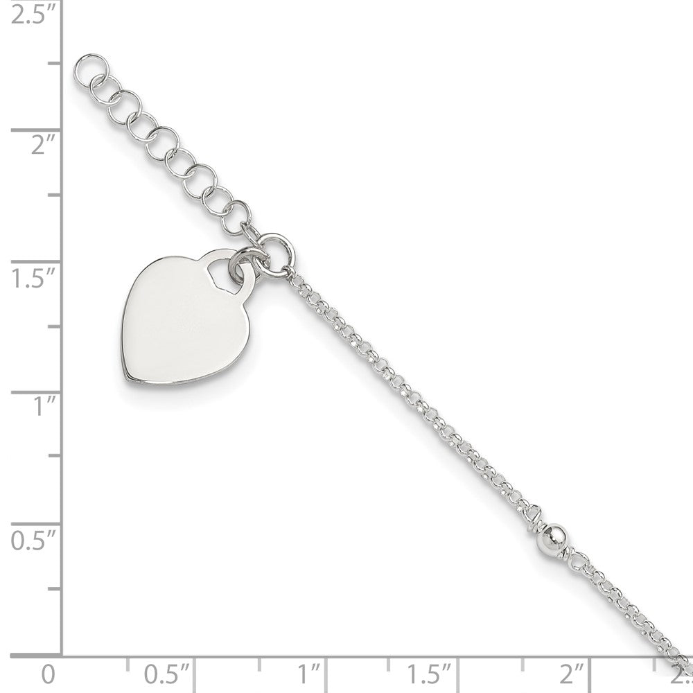 Sterling Silver Polished Bead and Heart 9in Plus 1in Ext. Anklet