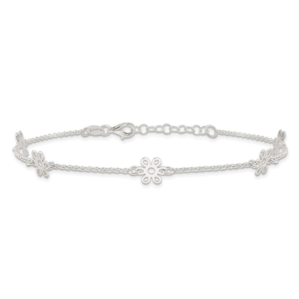 Sterling Silver Polished Flower 10in Plus 1in Ext. Anklet