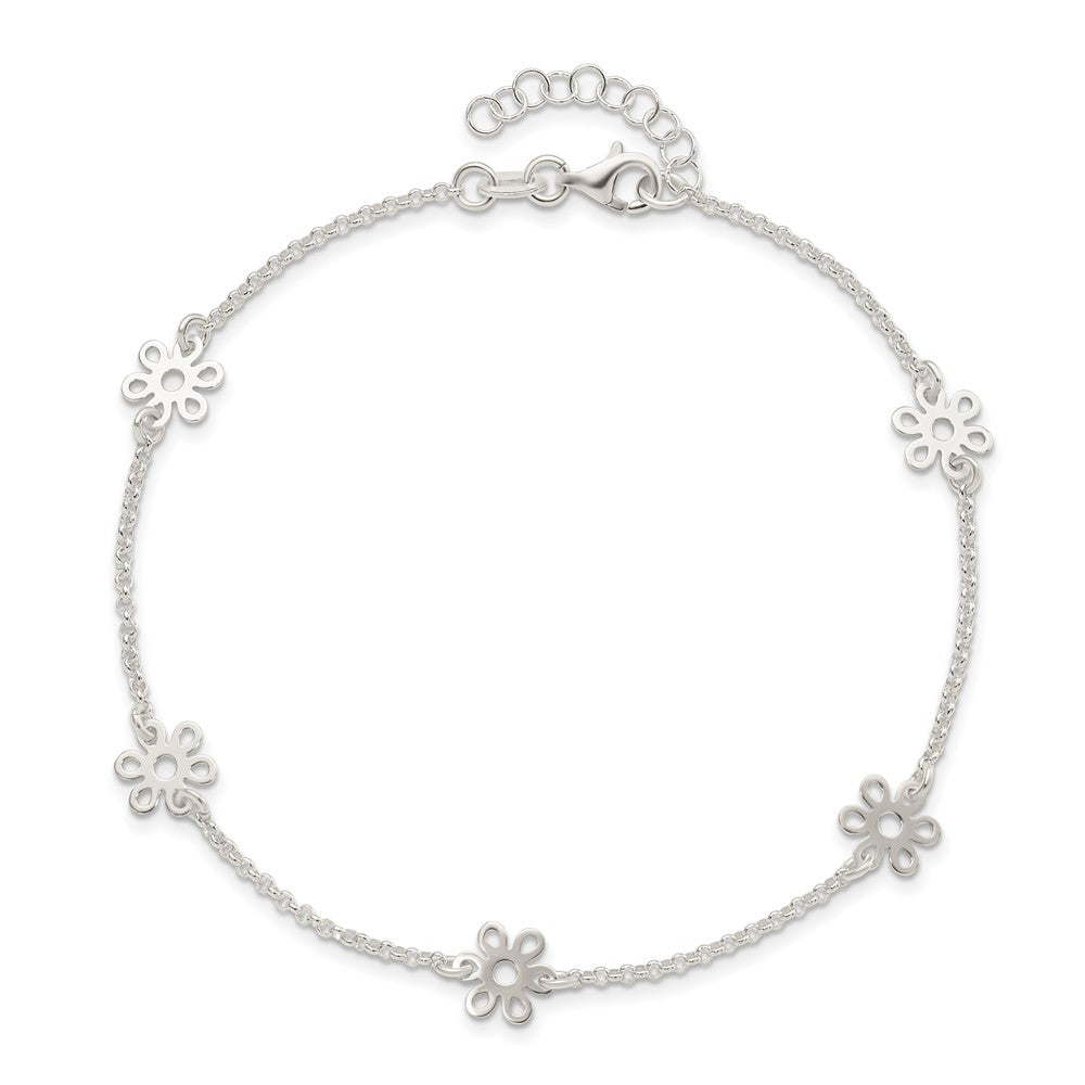 Sterling Silver Polished Flower 10in Plus 1in Ext. Anklet