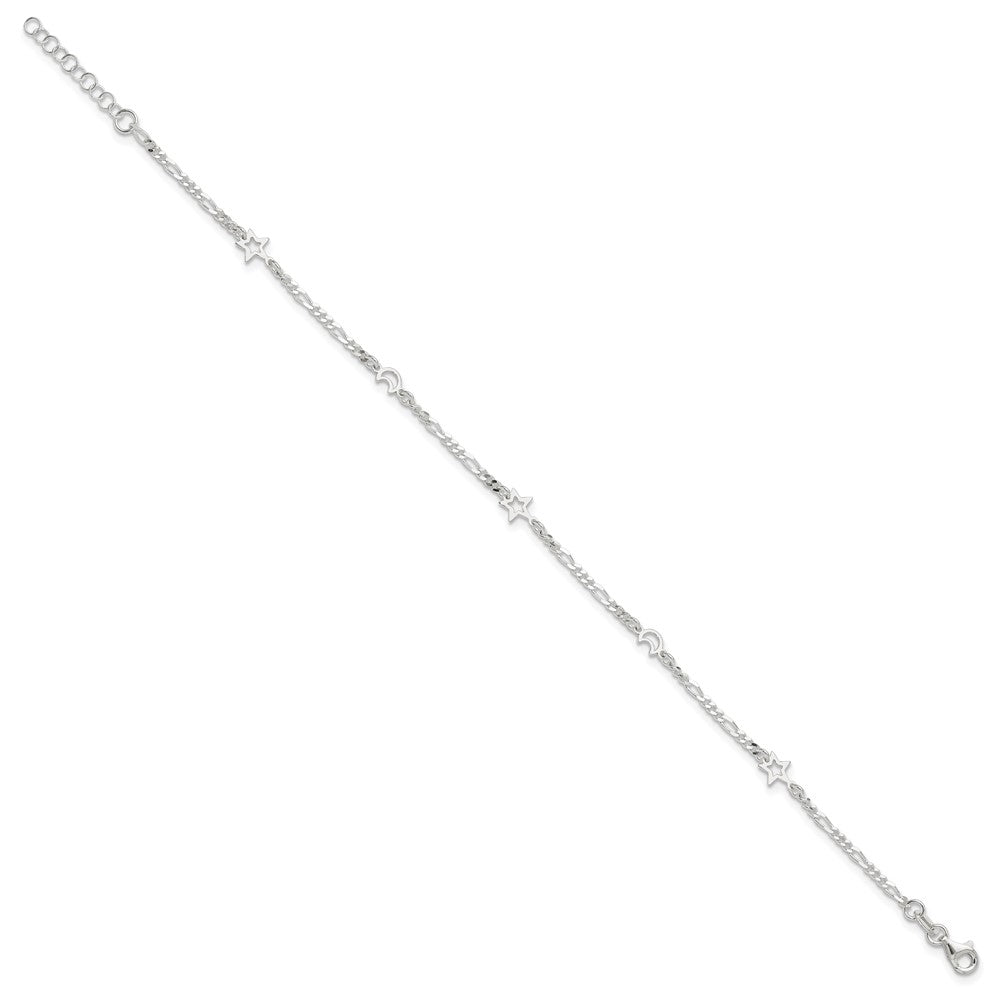 Sterling Silver Polished Moon and Star 10in Plus 1in Ext. Anklet