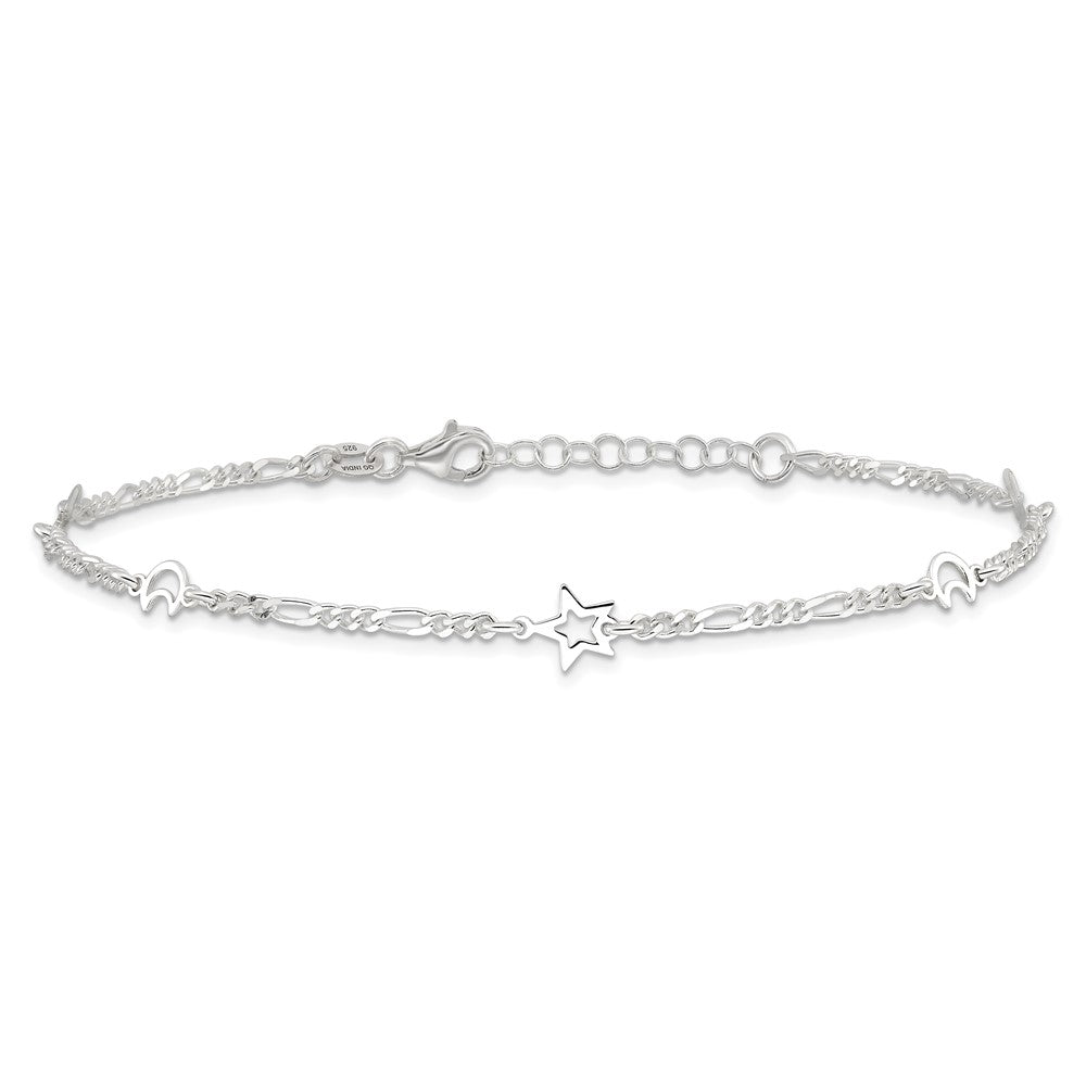 Sterling Silver Polished Moon and Star 10in Plus 1in Ext. Anklet