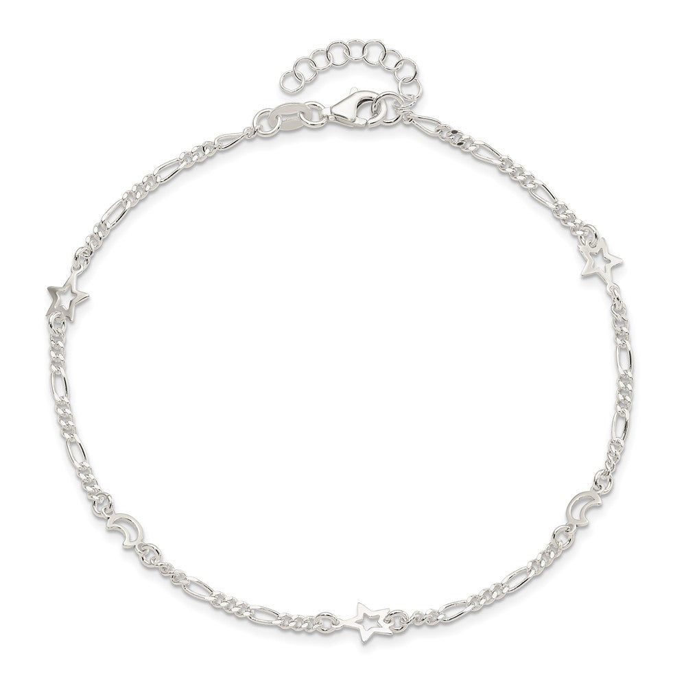 Sterling Silver Polished Moon and Star 10in Plus 1in Ext. Anklet