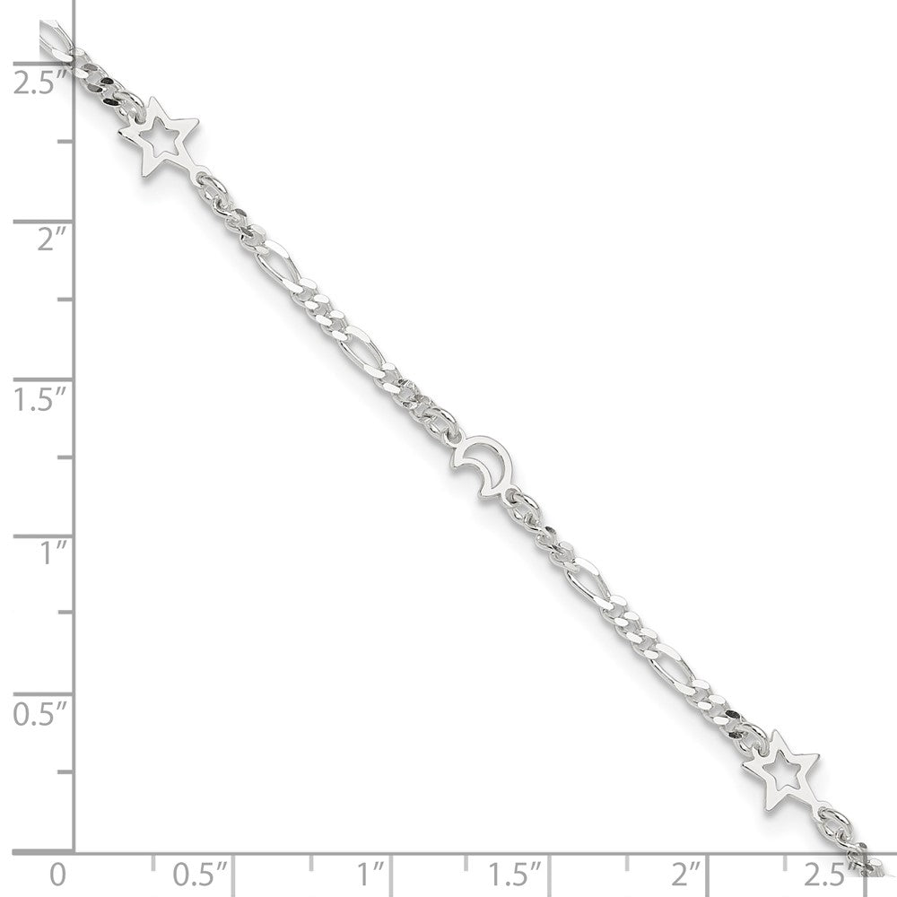 Sterling Silver Polished Moon and Star 9in Plus 1in Ext. Anklet