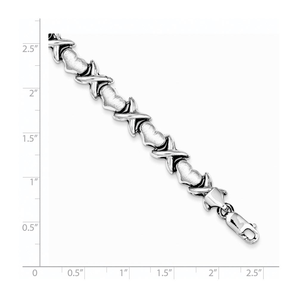 Sterling Silver Rhodium Polished and Brushed X's and Hearts Bracelet