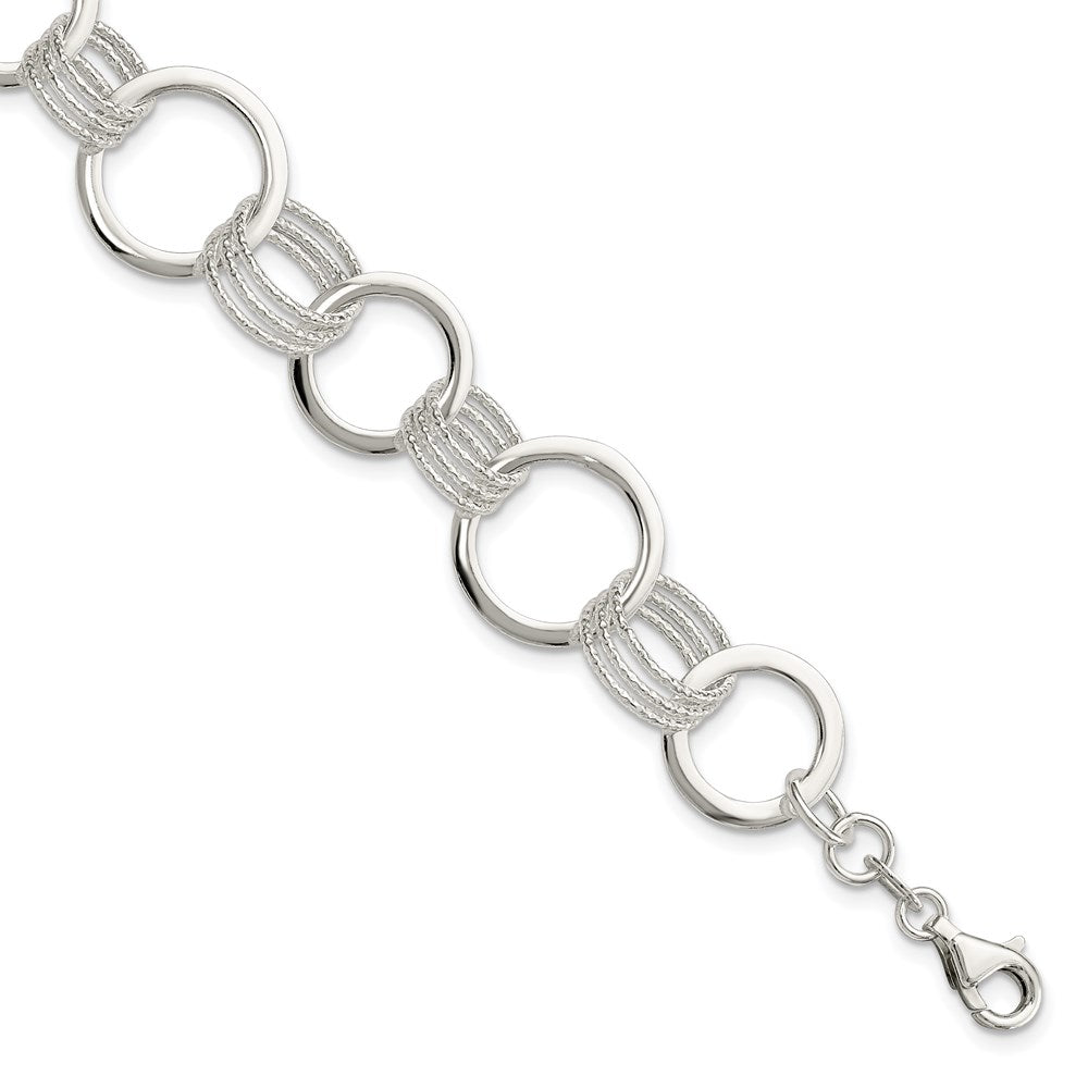 Sterling Silver Polished and Textured Circle Link Bracelet