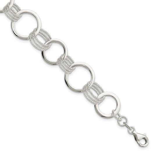 Sterling Silver Polished and Textured Circle Link Bracelet