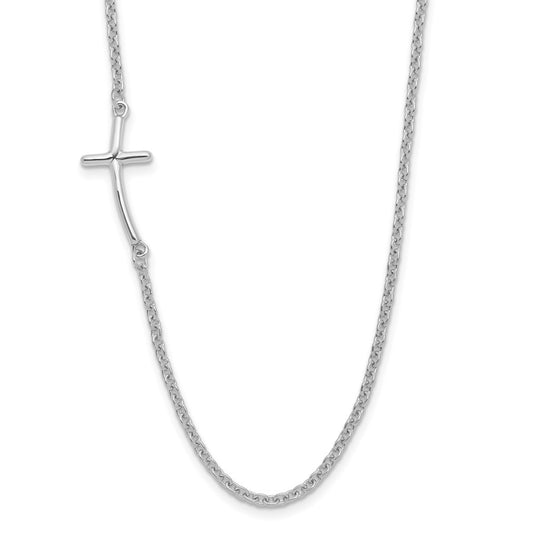 Sterling Silver Rh-plated Small Off-Set Sideways Curved Cross Necklace