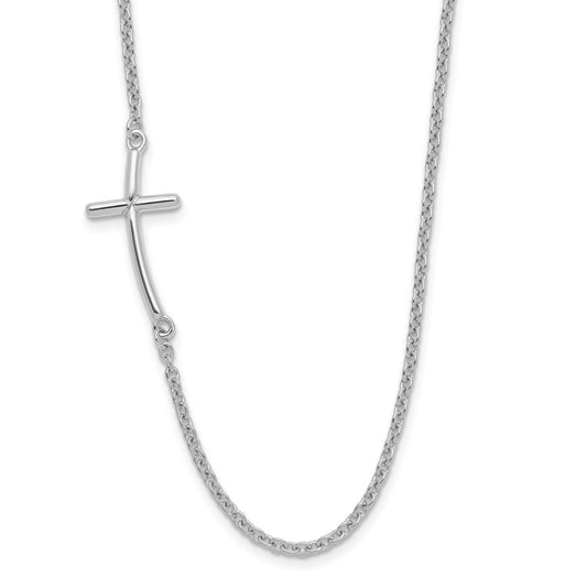 Sterling Silver Rh-plated Large Off-Set Sideways Curved Cross Necklace