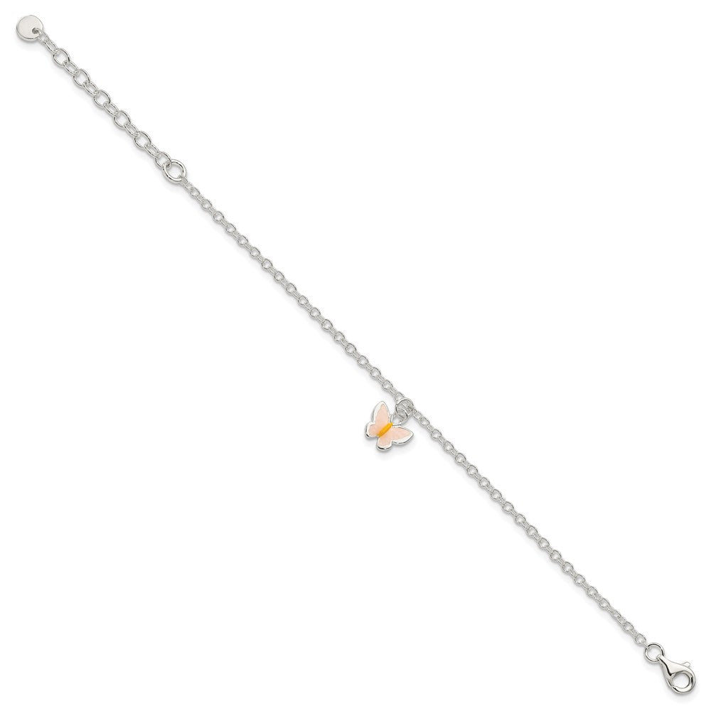 Sterling Silver Polished Enamel Butterfly w/ 1.5in ext. Bracelet