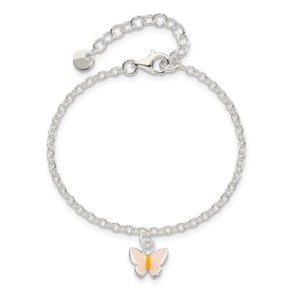 Sterling Silver Polished Enamel Butterfly w/ 1.5in ext. Bracelet