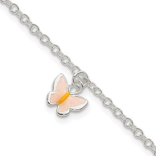 Sterling Silver Polished Enamel Butterfly w/ 1.5in ext. Bracelet