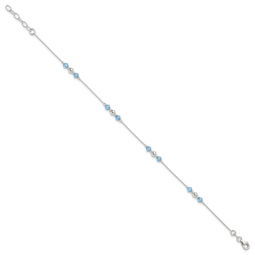 Sterling Silver Polished CZ and Bead 10in Plus 1in ext. Anklet
