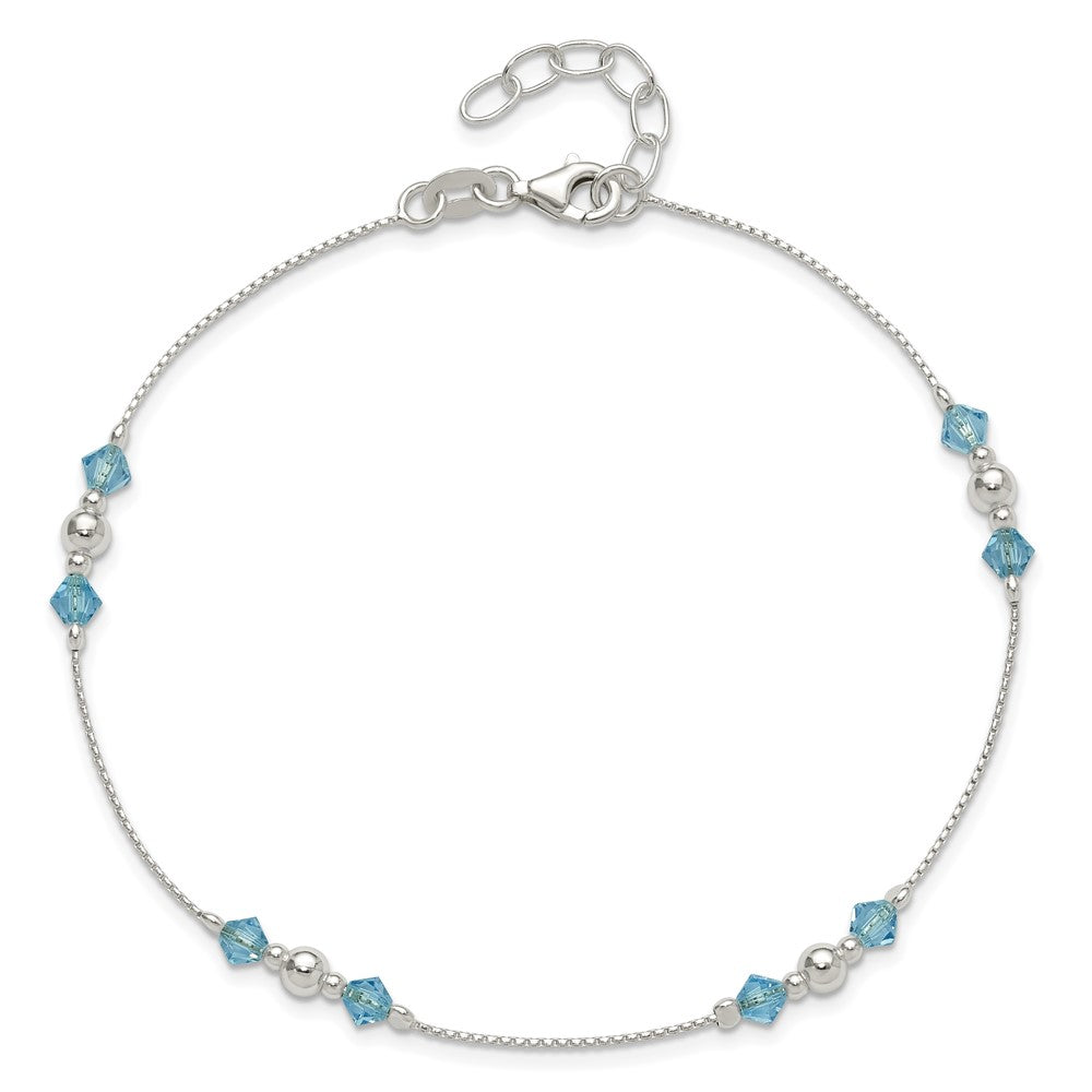 Sterling Silver Polished Bead and CZ 9in Plus 1in. Ext. Anklet