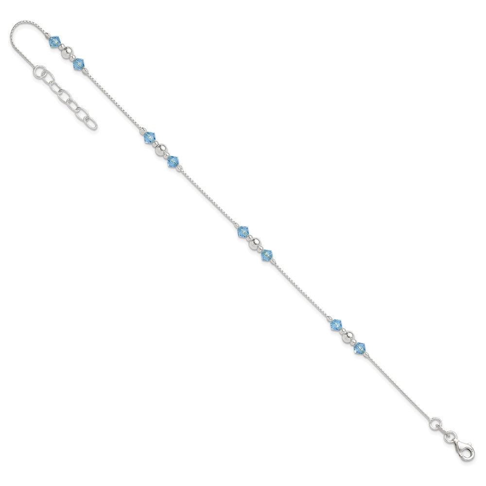 Sterling Silver Polished Bead and CZ 9in Plus 1in. Ext. Anklet