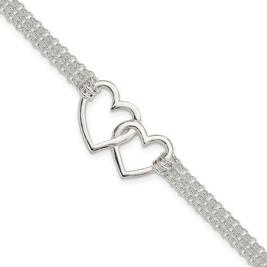 Sterling Silver Polished 3-strand w/.5in. Ext. Heart Bracelet