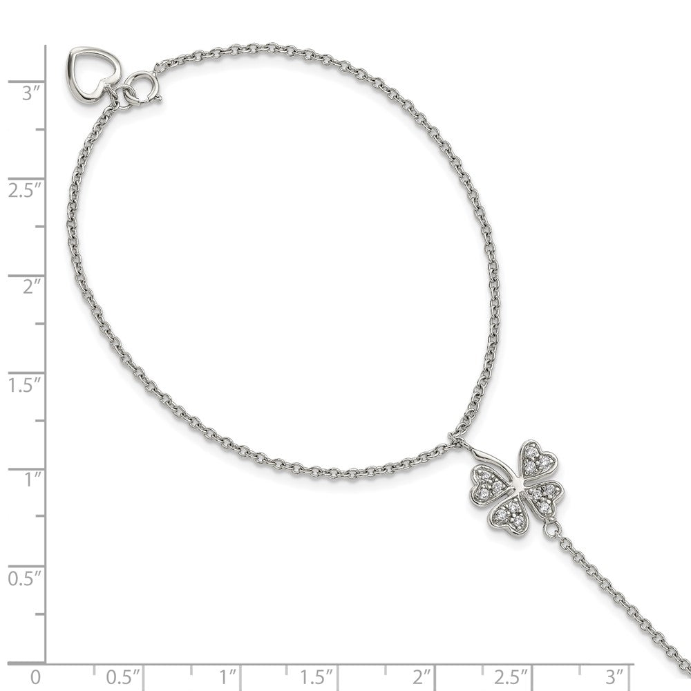 Sterling Silver RH-plat Polished CZ Four Leaf Clover Attached Ring/Bracelet