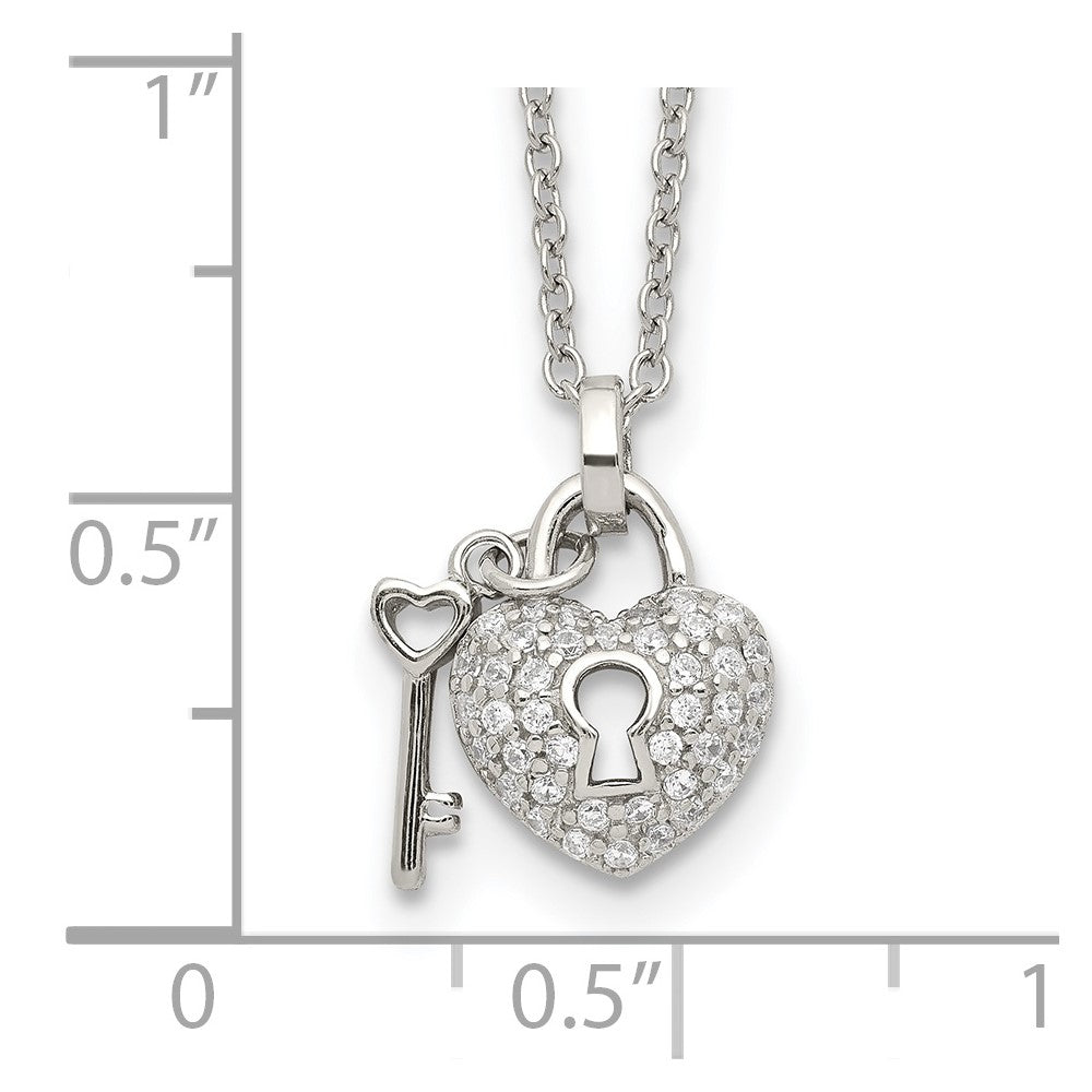 Sterling Silver Rhodium Plated Polished Key and CZ Lock 16.5 inch Necklace with 2 inch extension