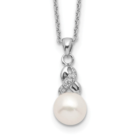 Sterling Silver Rhodium-plated 6-7mm White Near-Round Freshwater Cultured Pearl and CZ 17 inch Necklace