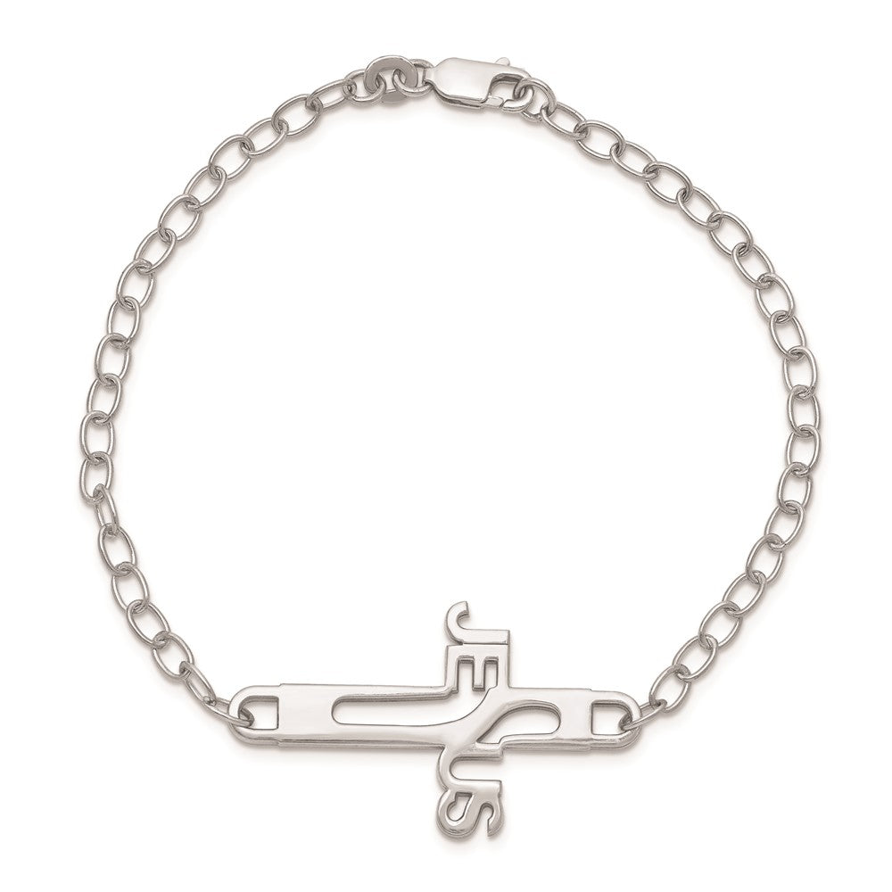 Sterling Silver Rhodium-plated Jesus Cross s 7.5in Bracelet