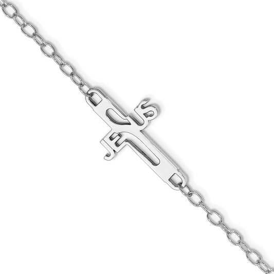 Sterling Silver Rhodium-plated Jesus Cross s 7.5in Bracelet