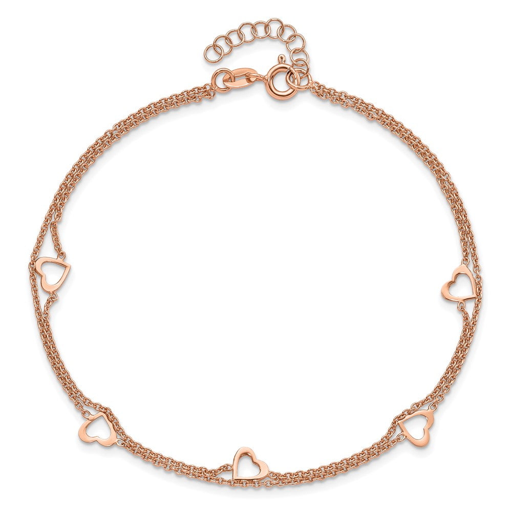 Sterling Silver Rose-tone Polished Heart 10in Plus 1in Anklet