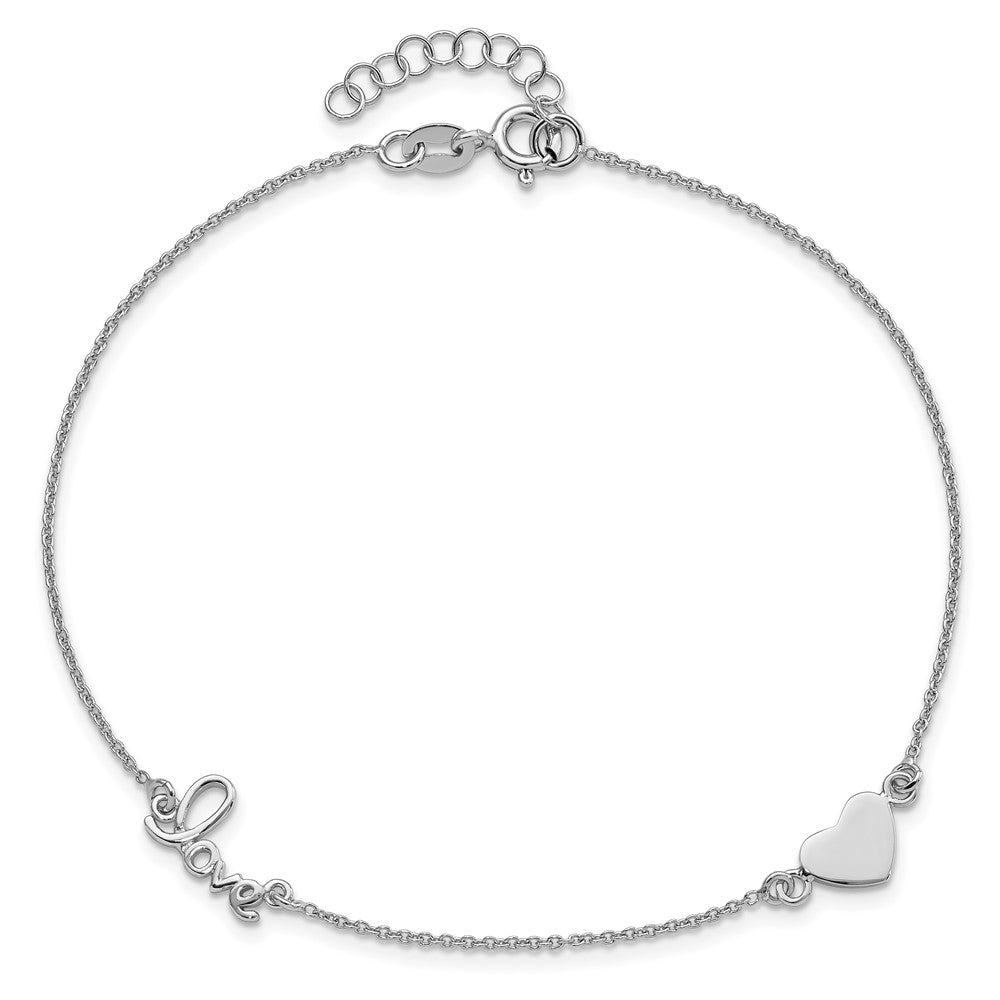 Sterling Silver Rhodium-plated Heart and LOVE 9in Plus 1in ext. Anklet