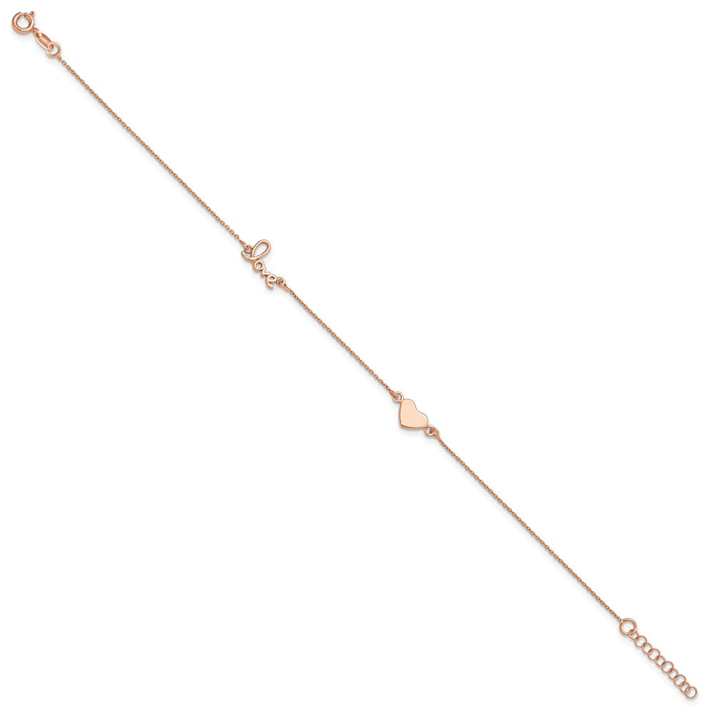 Sterling Silver Rose Tone Love and Heart 9in Plus 1in ext Anklet