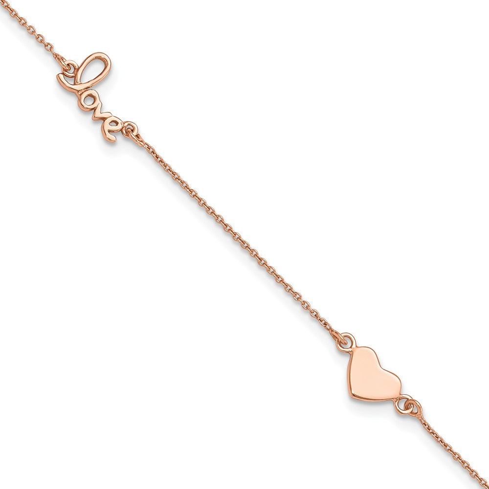 Sterling Silver Rose Tone Love and Heart 9in Plus 1in ext Anklet