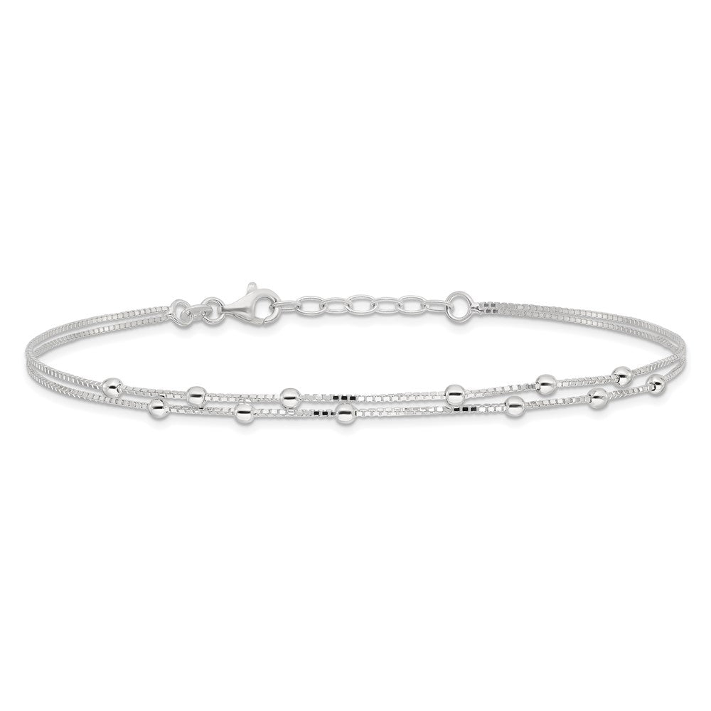 Sterling Silver Polished Beaded 2-strand 10 inch Plus 1 inch ext. Anklet