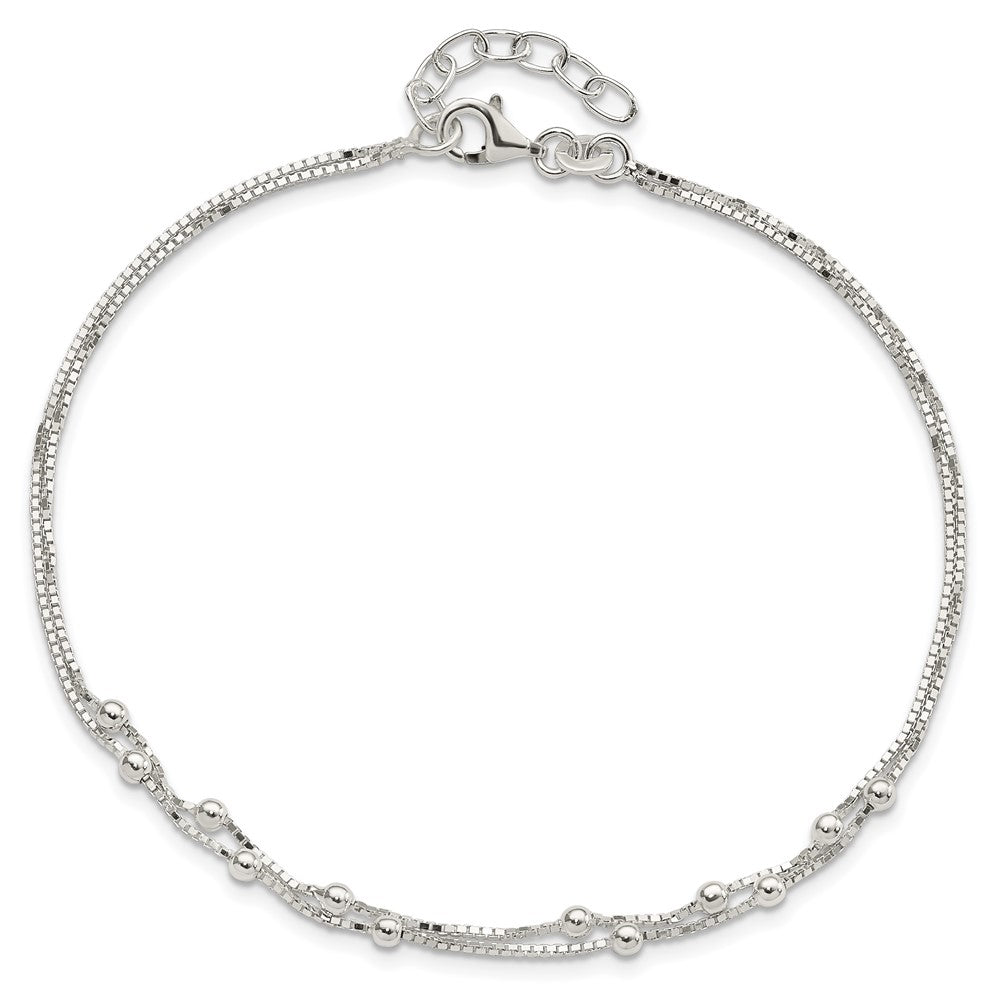 Sterling Silver Polished Beaded 2-strand 10 inch Plus 1 inch ext. Anklet