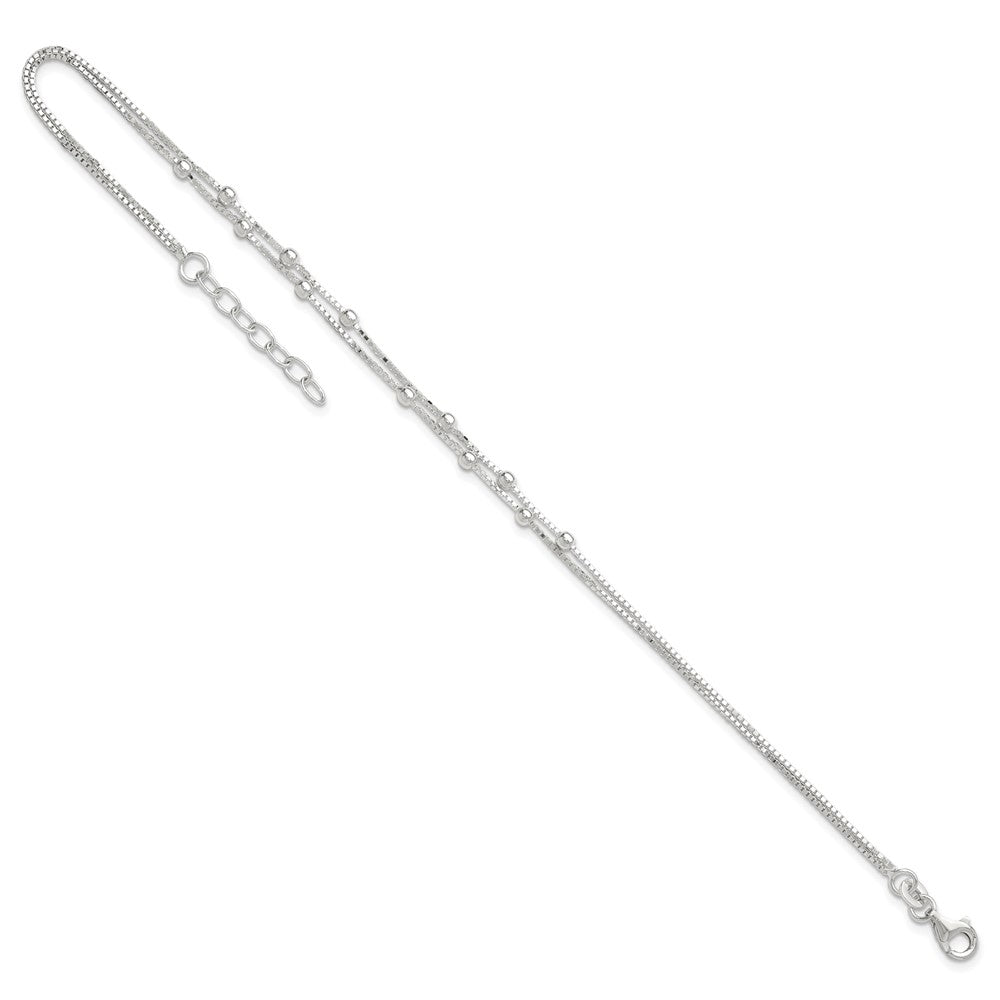 Sterling Silver Polished Beaded 2-strand 9 inch Plus 1 inch ext. Anklet