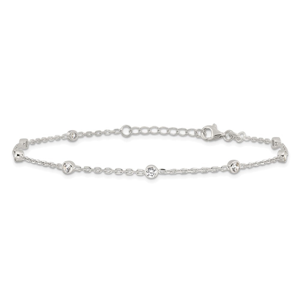Sterling Silver Rhodium-plated Polished w/CZ 10in Plus 1in ext. Anklet