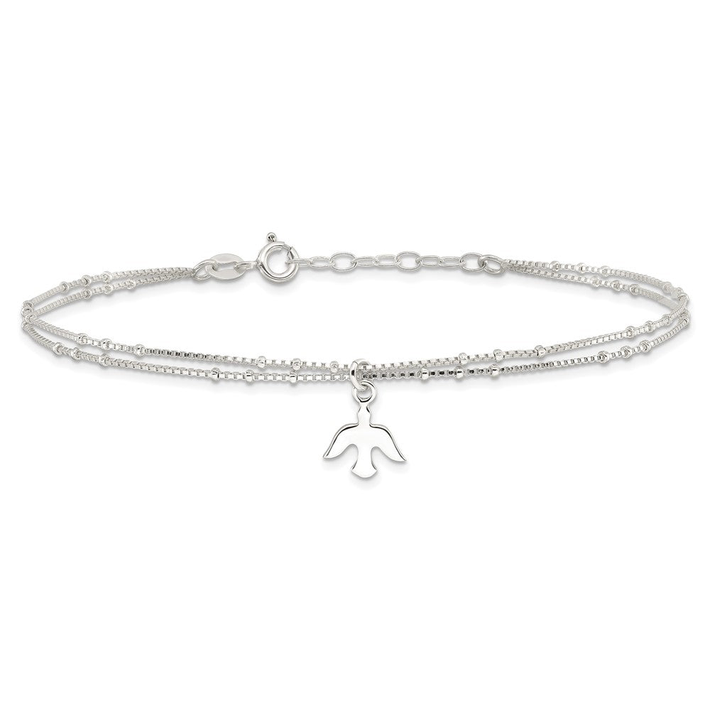 Sterling Silver Polished 2-Strand Dove 9in Plus1in Ext Anklet