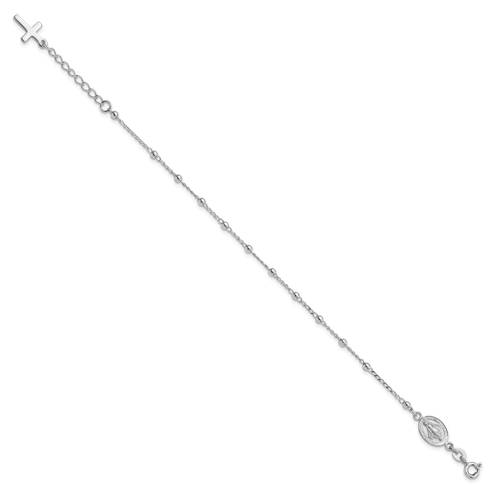 Sterling Silver Rhod-pltd Virgin Mary Medal/Cross w/1in ext. Bracelet