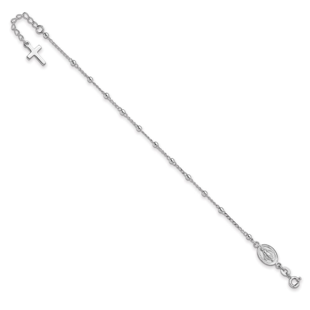 Sterling Silver Rhod-pltd Virgin Mary Medal/Cross w/1in ext. Bracelet