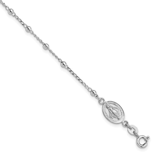 Sterling Silver Rhod-pltd Virgin Mary Medal/Cross w/1in ext. Bracelet